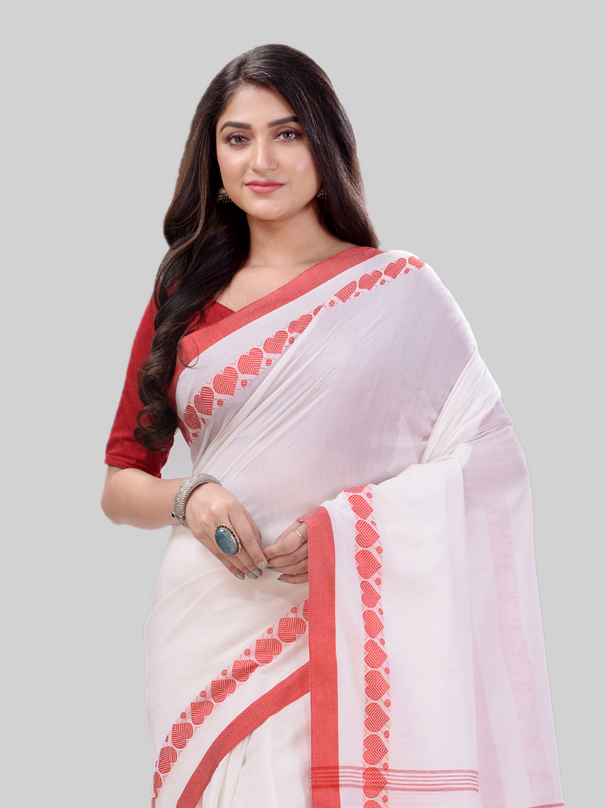 DESH BIDESH Women`s Traditional Bengali Tant Handloom Cotton Saree Royel Loveria Design With Blouse Piece(White)